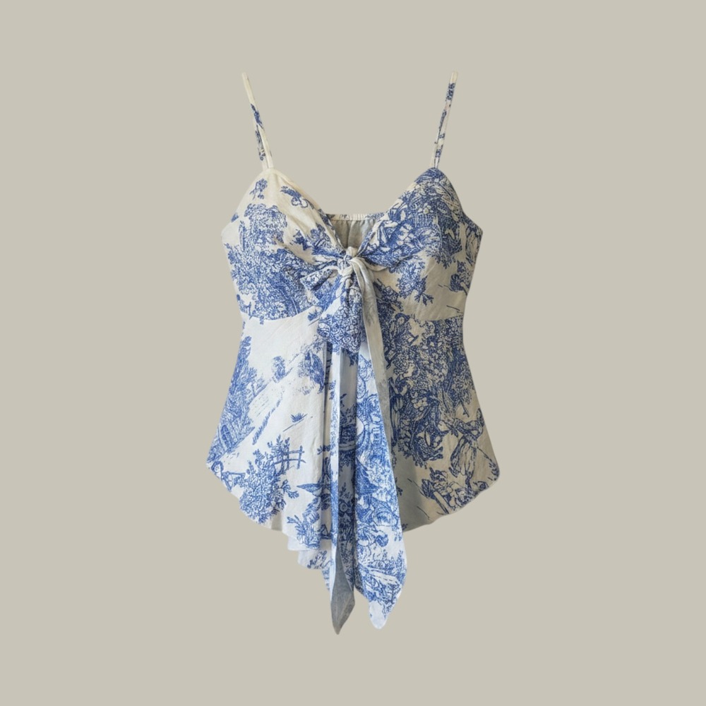 Toile De Jouy Tie Front Cami Top Women XL Cottage French Country Coquette